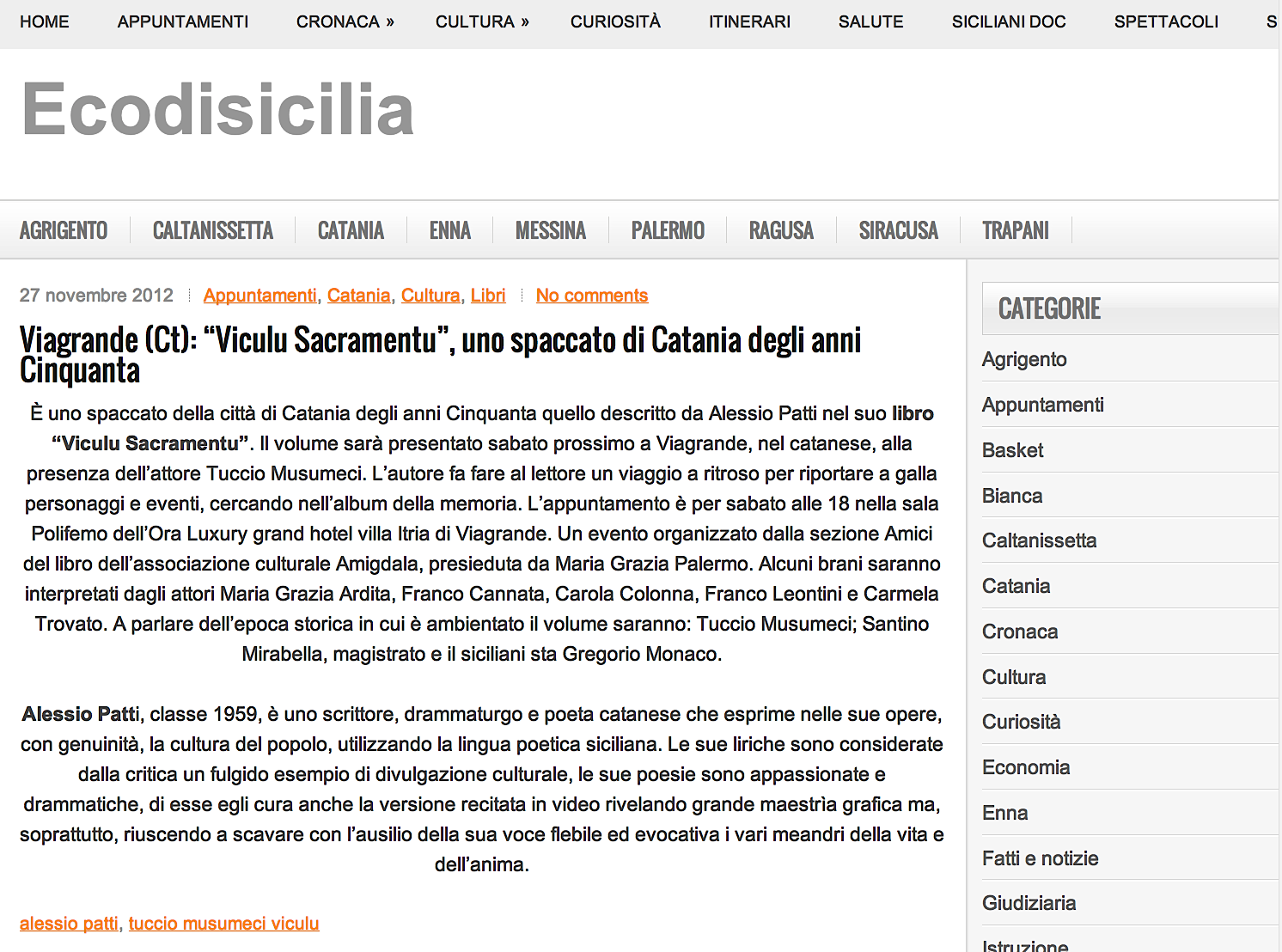 Viagrande (Ct): “Viculu Sacramentu”, uno spaccato di Catania degli anni Cinquanta